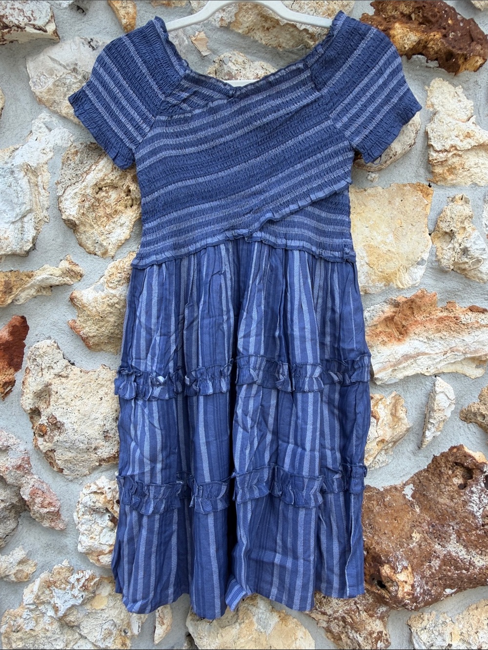 Japna dress blue striped criss cross smocked tiered denim inspired NWOT
